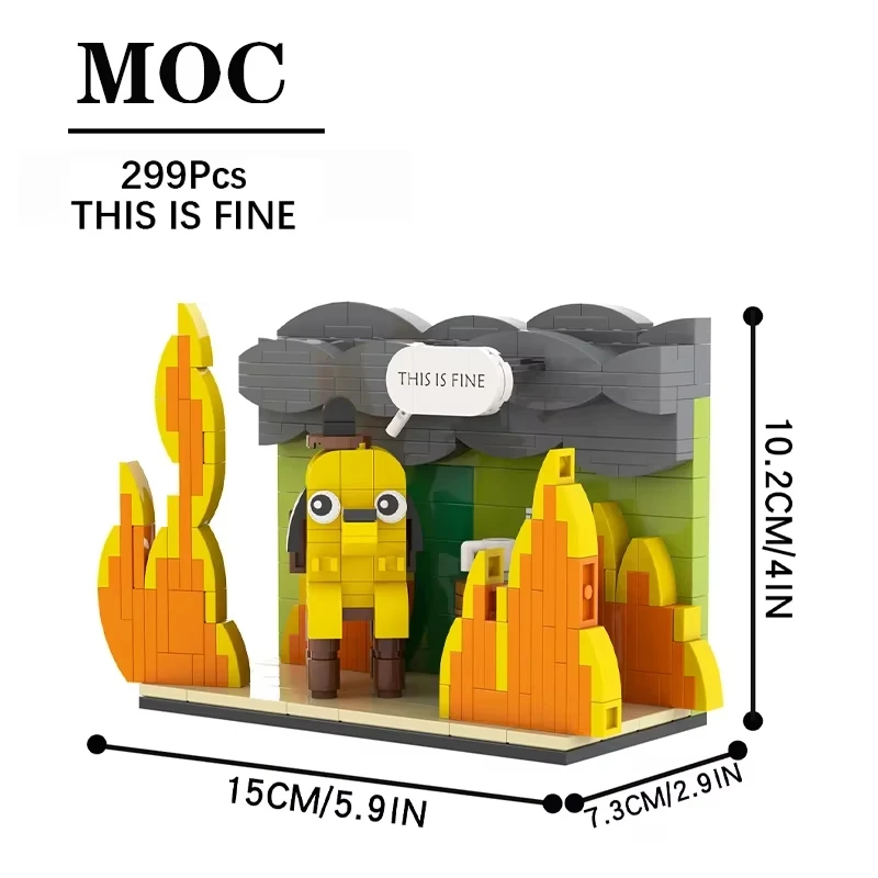 MOC This is Fine Dog Building Block Anime Cartoon Fire Meme Vignette Hound Dog Pets Animal Brick Model Toy with Paper Manual