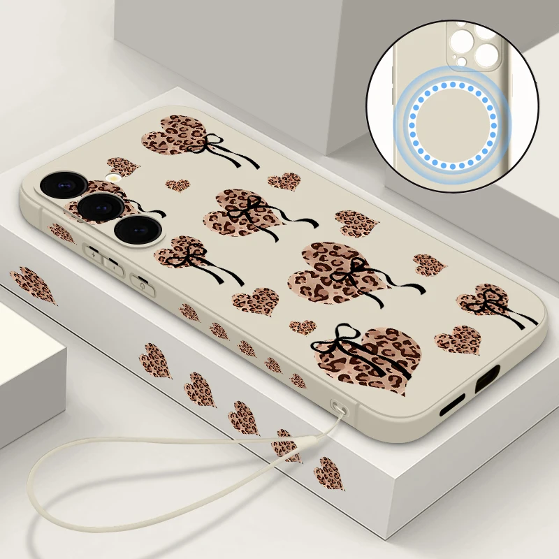Magnetische für Magsafe Hülle für Samsung Galaxy S25 S24 Ultra S24 S23 FE S23 S22 Plus Leopardenmuster Herz Schleife bedruckte TPU-Abdeckung