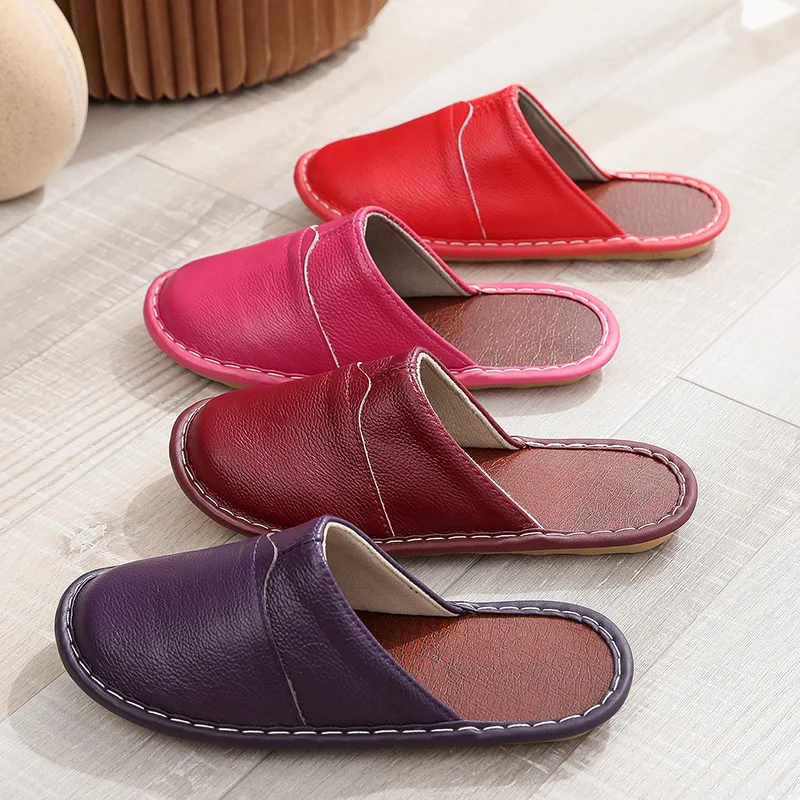 Genuine Leather Slippers All Seasons Men's Autumn Winter Room Slides Shoes Home Concise Couple Slippers Man Indoor Scuff Shoes