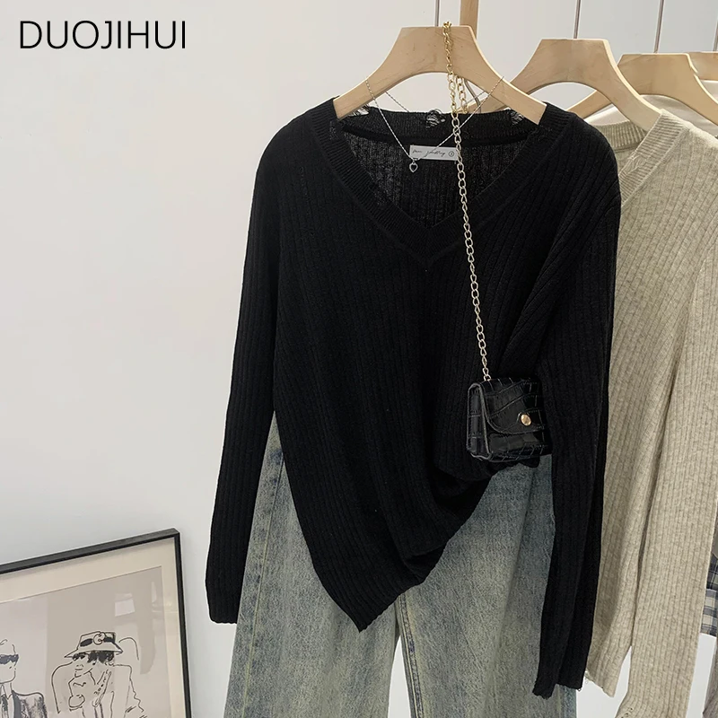 DUOJIHUI Classic V-neck Chic Striped Knitted Women Pullovers Autumn New Solid Color Long Sleeve Fashion Simple Female Pullovers