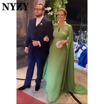 NYZY M425 사용자 정의 2025 녹색 이브닝 가운 쉬폰 케이프 망토 슬리브 웨딩 파티 신부 신랑 드레스의 어머니