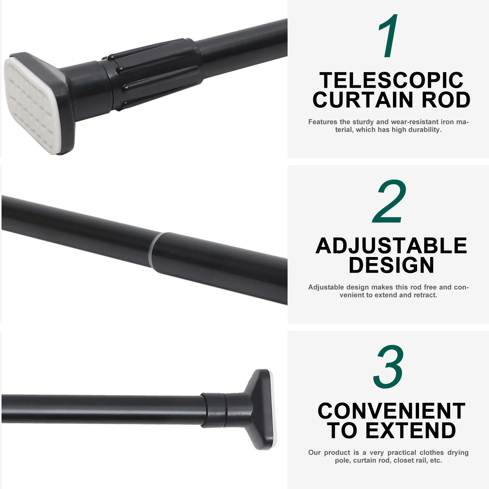 

Telescopic Curtain Rod Premium Iron Adjustable No Punch Hole for Bathroom Shower Door Clothes Drying Wardrobe Rail Tension Pole