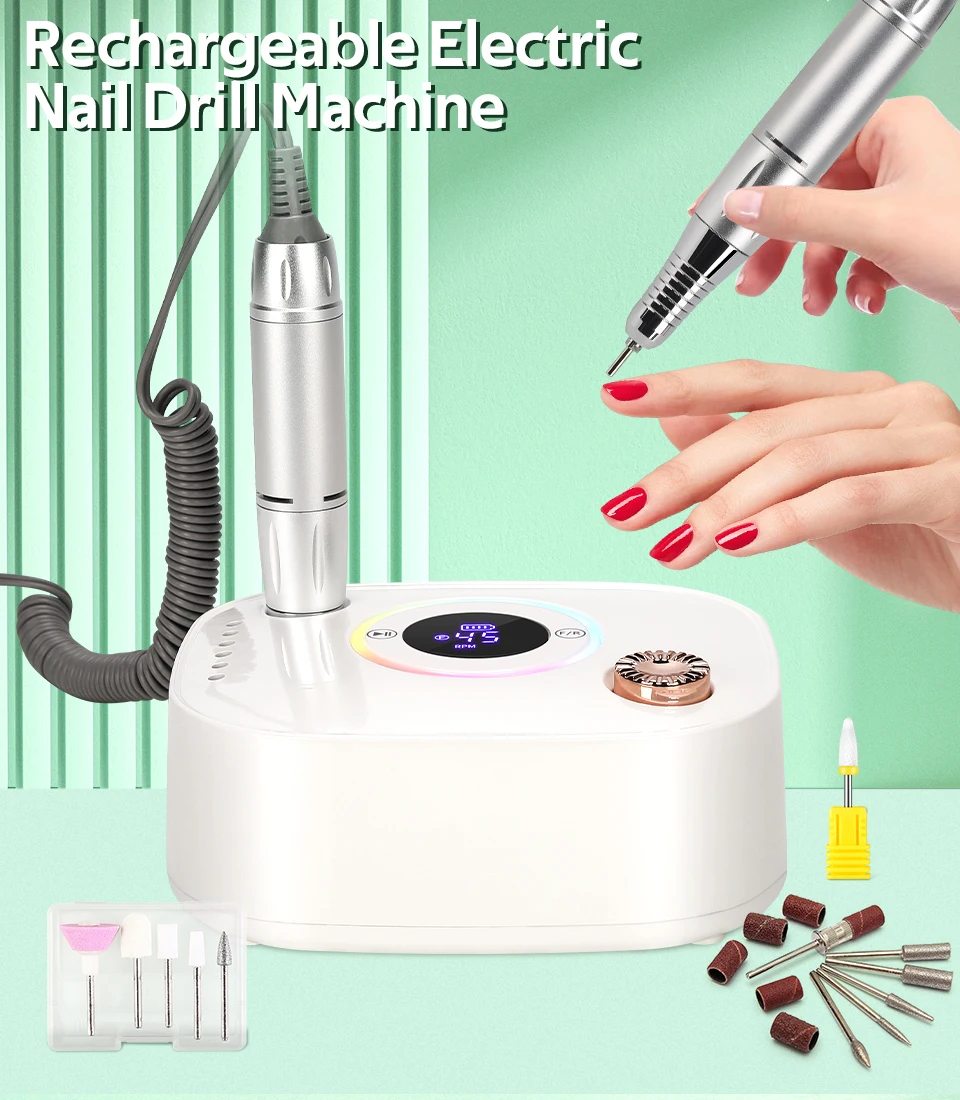 Zestaw frezarki do paznokci 45000 obr./min z wyświetlaczem LED, cicha elektryczna frezarka do manicure, akcesoria i narzędzia do paznokci.