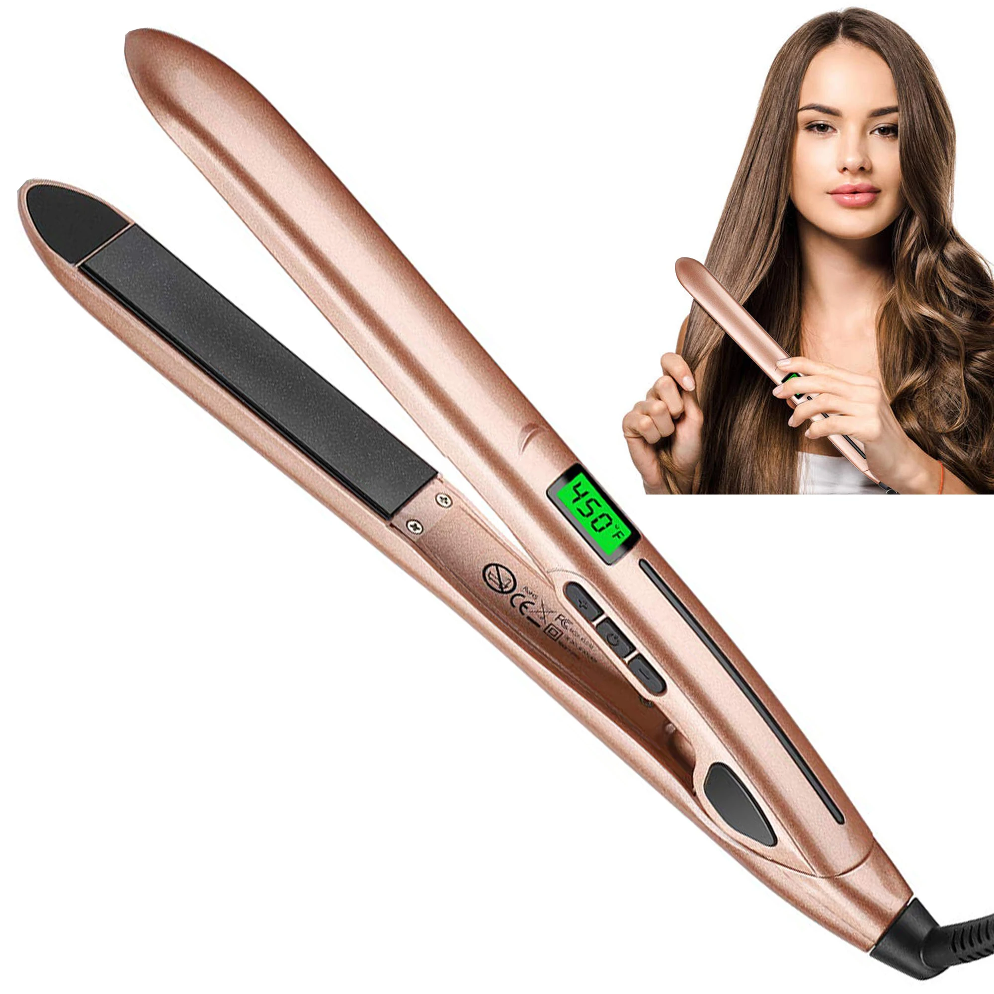 Flat Iron Hair Straightener Dual Voltage Heat Up Quickly LCD Display Auto Shut-Off Hot Iron for All Hair Types Hair Curler