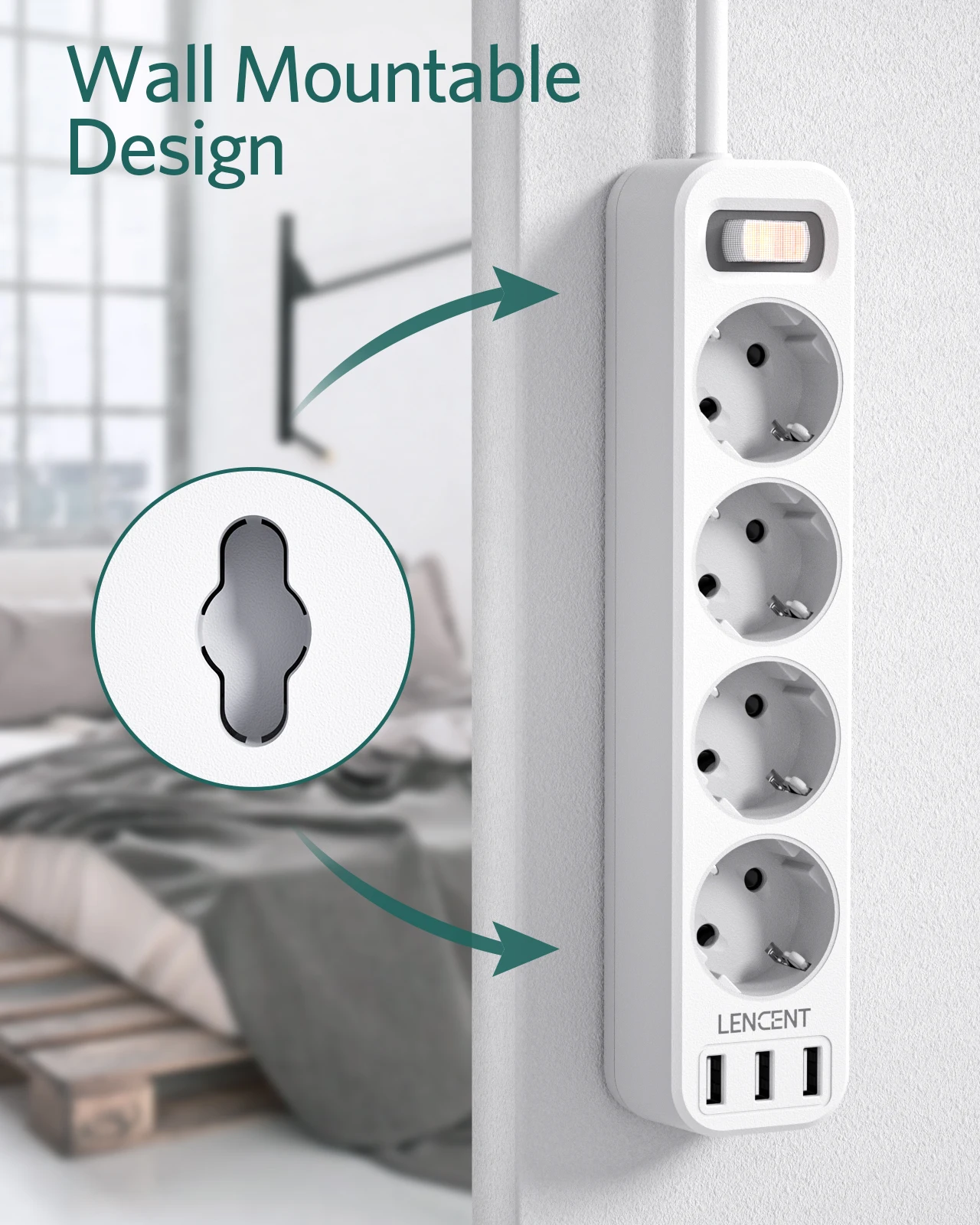 LENCENT EU Plug Power Strip with 4 Outlets and 3 USB Ports 5V/2.4A 7 in 1 Multiple Socket with 1.5M Cable On/Off Switch