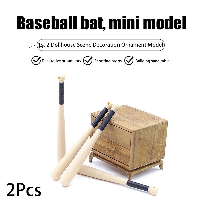 2 Stuks 1/12 Schaal Mini Honkbalknuppel Modellen voor Poppenhuis Sport Scène Simulatie Micro Bouw Props Speelgoed