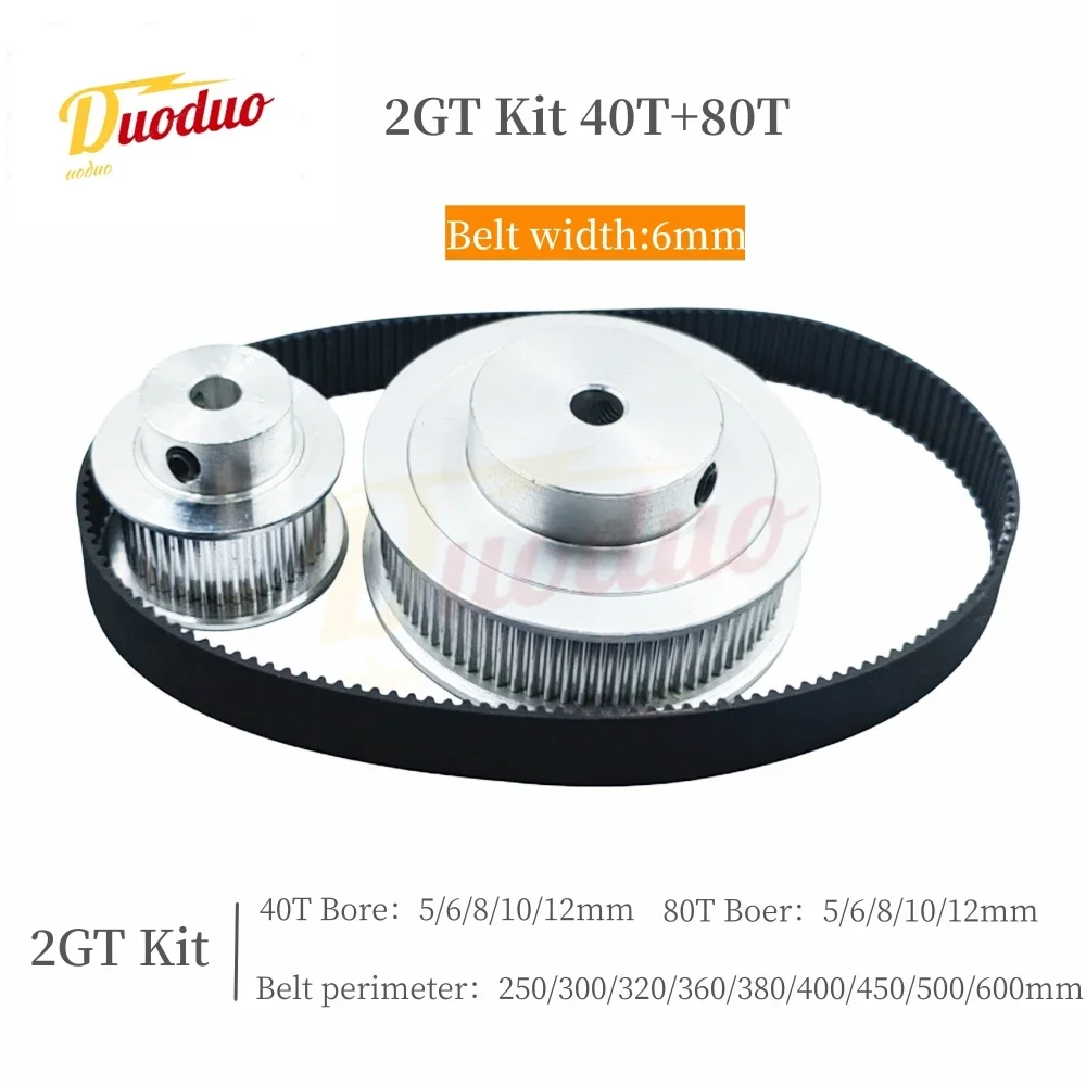 

2GT Timing pulley set 2:1 reduction ratio transmission component GT2 Pulley Belt Kit 80T 40Teeth Belt Width 6mm Bore 5~12mm GT2，