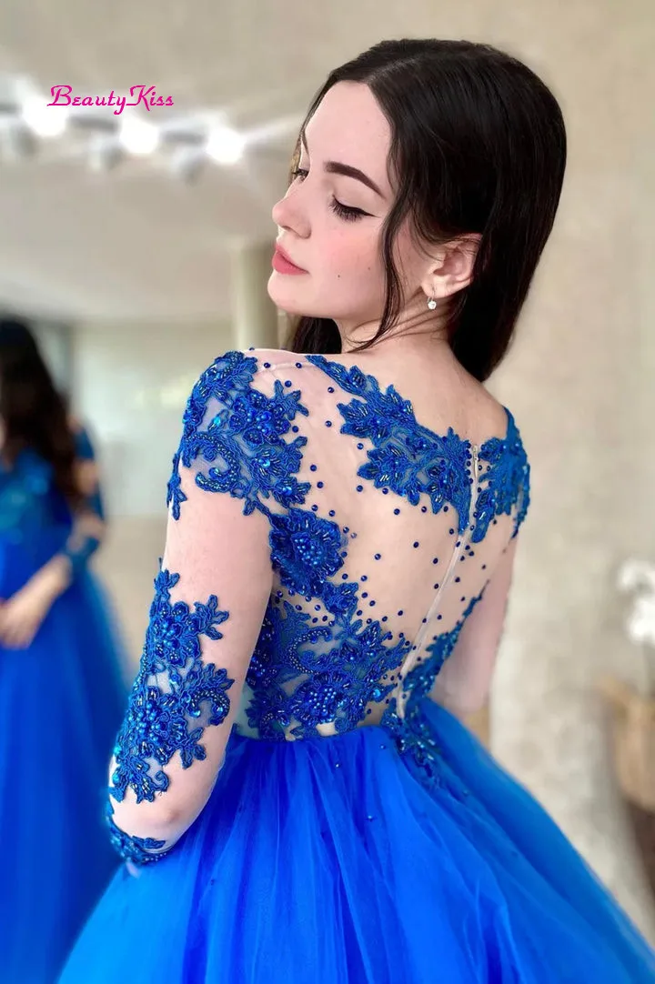 Blue Tulle Lace Long Prom Dress Illusion Long Sleeves Beaded Evening Dresses A-Line Scoop Neck Long Formal Party Gowns