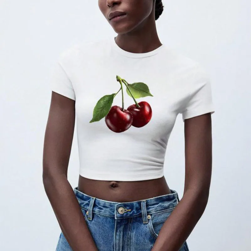 

2025 Summer New Women's Casual Sweet Girl Style Solid Color Crop Top! Cute Minimalist Cherry Print, Slimming & Flattering