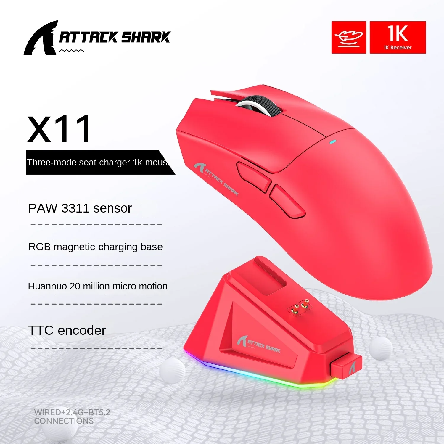 Imagem -04 - Mouse Bluetooth Triplo Modo Conectividade Attack Shark X11 Peso Leve Toque Carregamento Magnético Sensor Óptico Jogos Paw3311