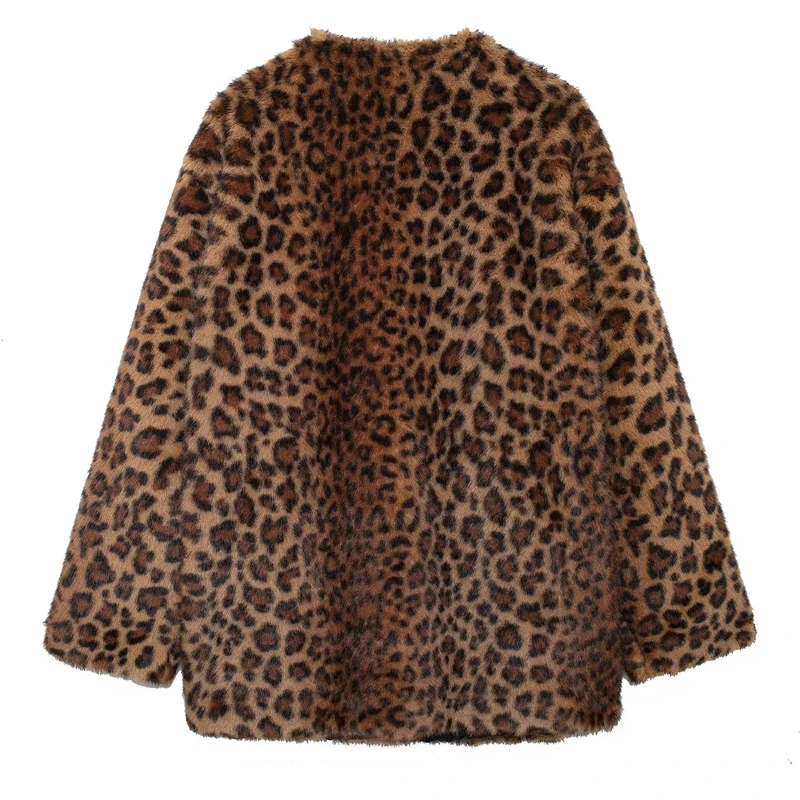 TRAF Parkas Womens Coats Winter Leopard Faux Fur Coat Warm Vintage Autumn Plush Jacket Outerwear Long Sleeve Furry Coats Woman