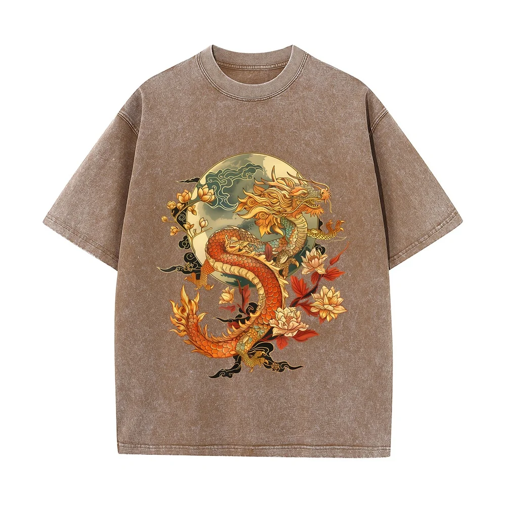 Crimson Lunar Floral Dragon Art Noveau T-Shirt Vêtements Homme 반팔티 Streetwear Man Full Size Summer Cute Print Man's Men Shirt