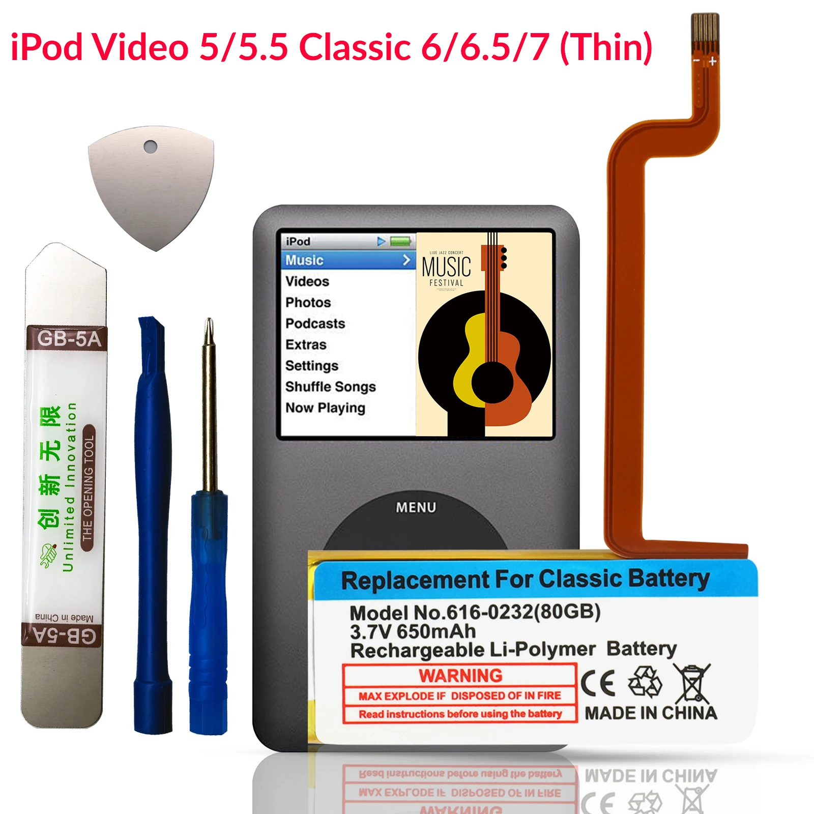 iPod Classic Battery 650mAh, Replacement for 5th 5.5th Video 30GB 60GB 80GB 6th 7th Gen 80GB 120GB Thin 160GB  A1136 A1238