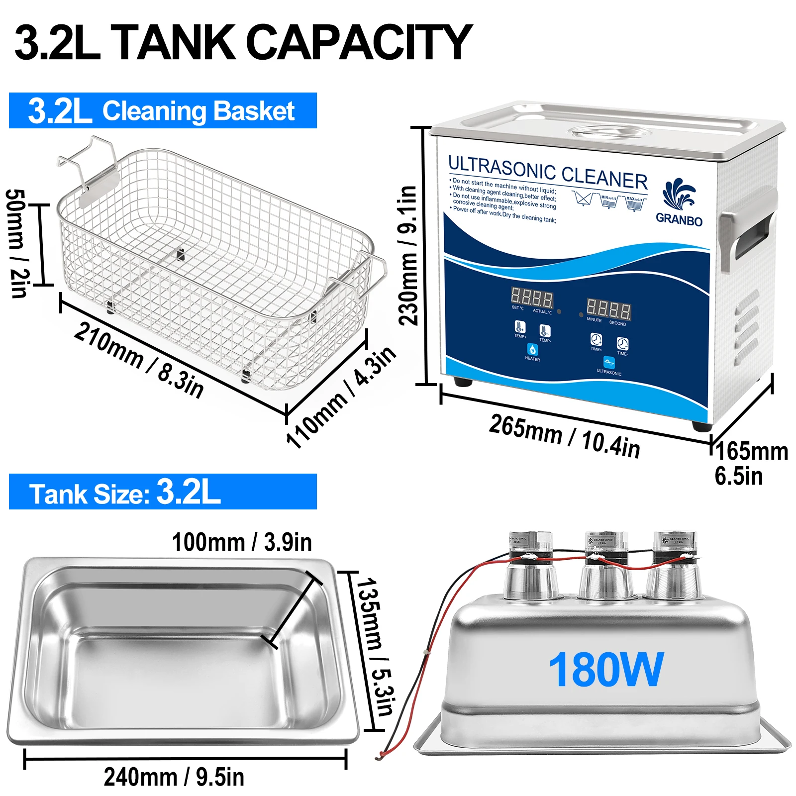 GRANBO 2025 New Digital Ultrasonic Cleaner 3.2L Heating Timer 120-180W 40KHz Ultrasonic Bath Printer Glasses Cleaning Appliances