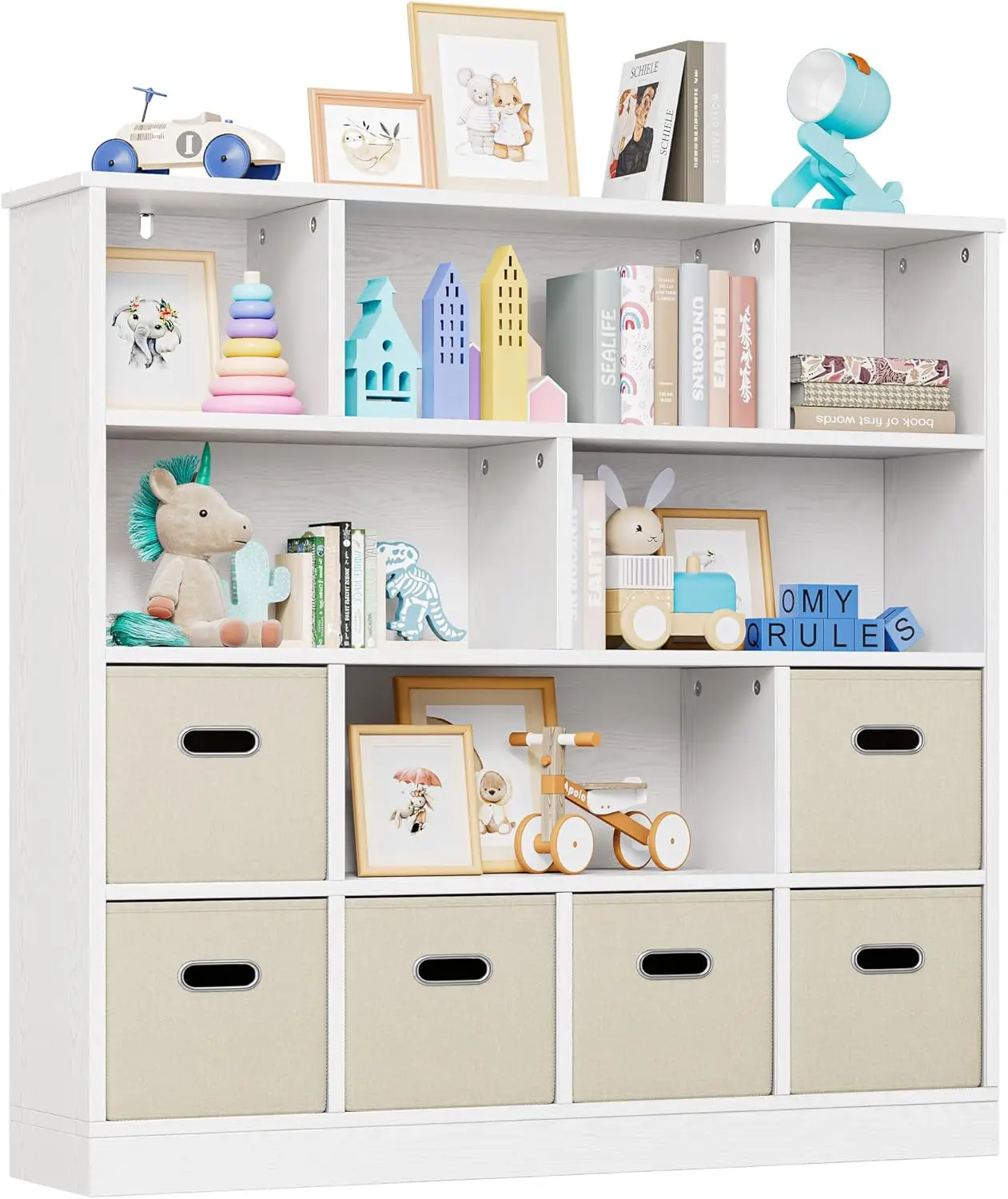 

Toy Storage Organizer with 6 Bins, Wooden 4-Tier Floor Standing Open Bookshelf Storage Cubby, 12-Cube Storage Shelf Bookc