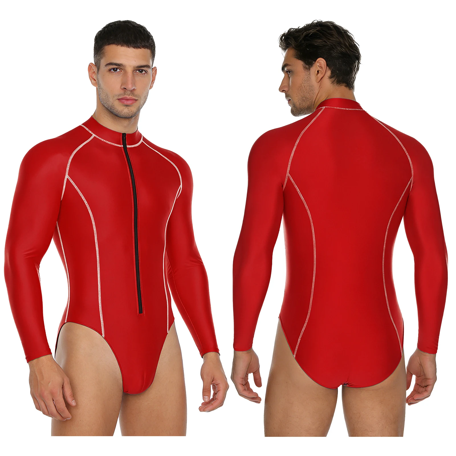 Mens Glossy Bodysuit One-piece Swimsuit Long Sleeve Zipper Leotard Beach Rash Guard Bathing Suit Gym Workout Fitness Sportswear