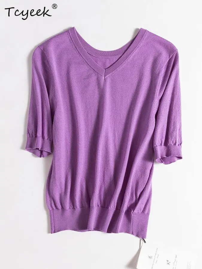 تي شيرت Tcyeek، 25% حرير 75% صوف أنيق، تي شيرت نسائي قصير الأكمام ورقبة على شكل V سادة، تي شيرت كاجوال منسوج أساسي، 2024 صيف خريف T46527QM