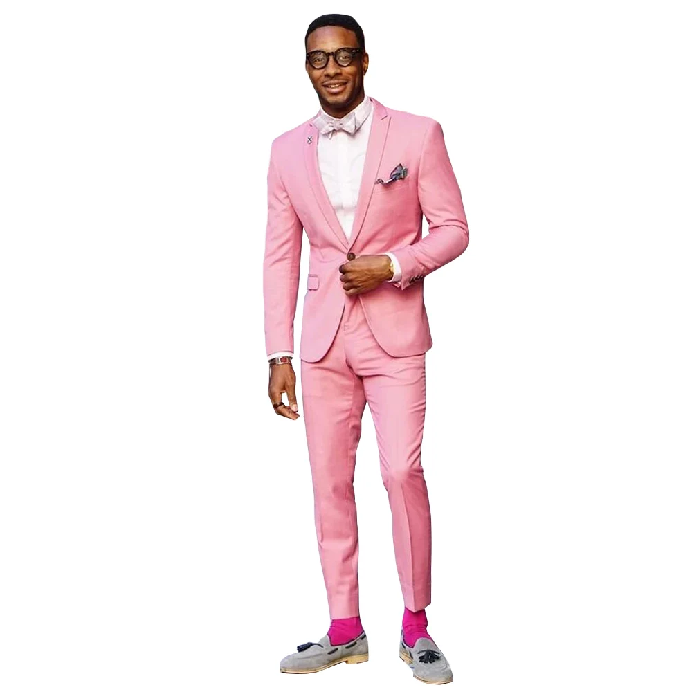 Hot Pink Mens Pants Suits Slim Fit Groom Tuxedos Peaked Lapel Prom Party Blazer Overcoat (Jacket+Pants)