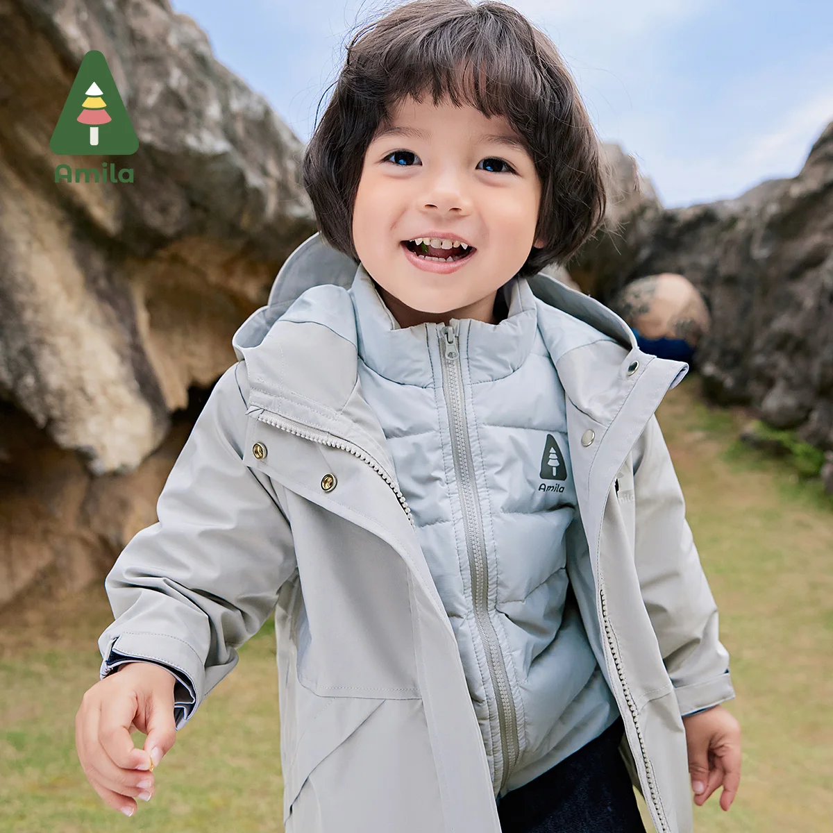 Amila baby jacket 2024 autumn new boys and girls three-in-one down solid color basic versatile fashion warm children‘s jacket