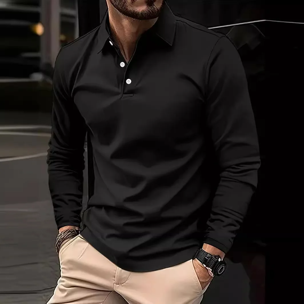 

2025 Solid Color Button-down Polo Shirt European and American Men's Daily Casual Lapel Long-sleeved Polo Jersey