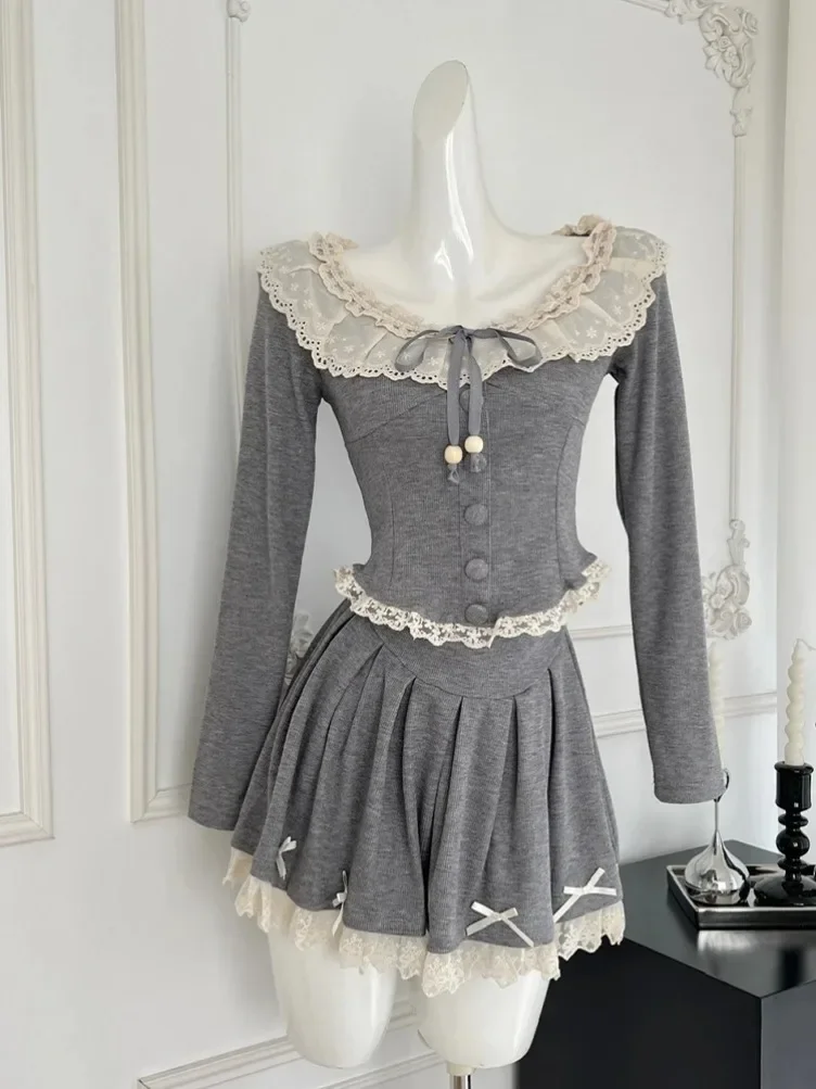 

New Women Y2k Korean Shoujo Ballet Core 2000s Outfits 2 Piece Set Long Sleeve Mori Girl Lace Tops + Mini Pleated Skirts