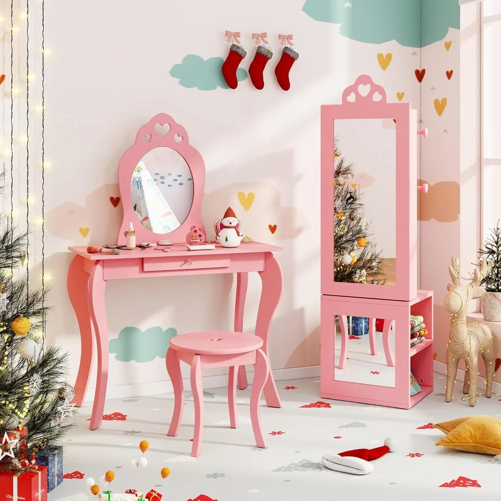 

Jewelry Armoire Cabinet, Wooden Standing Jewelry Organizer w/Full-length Mirror and Garment Rack, 2 Tier Storage