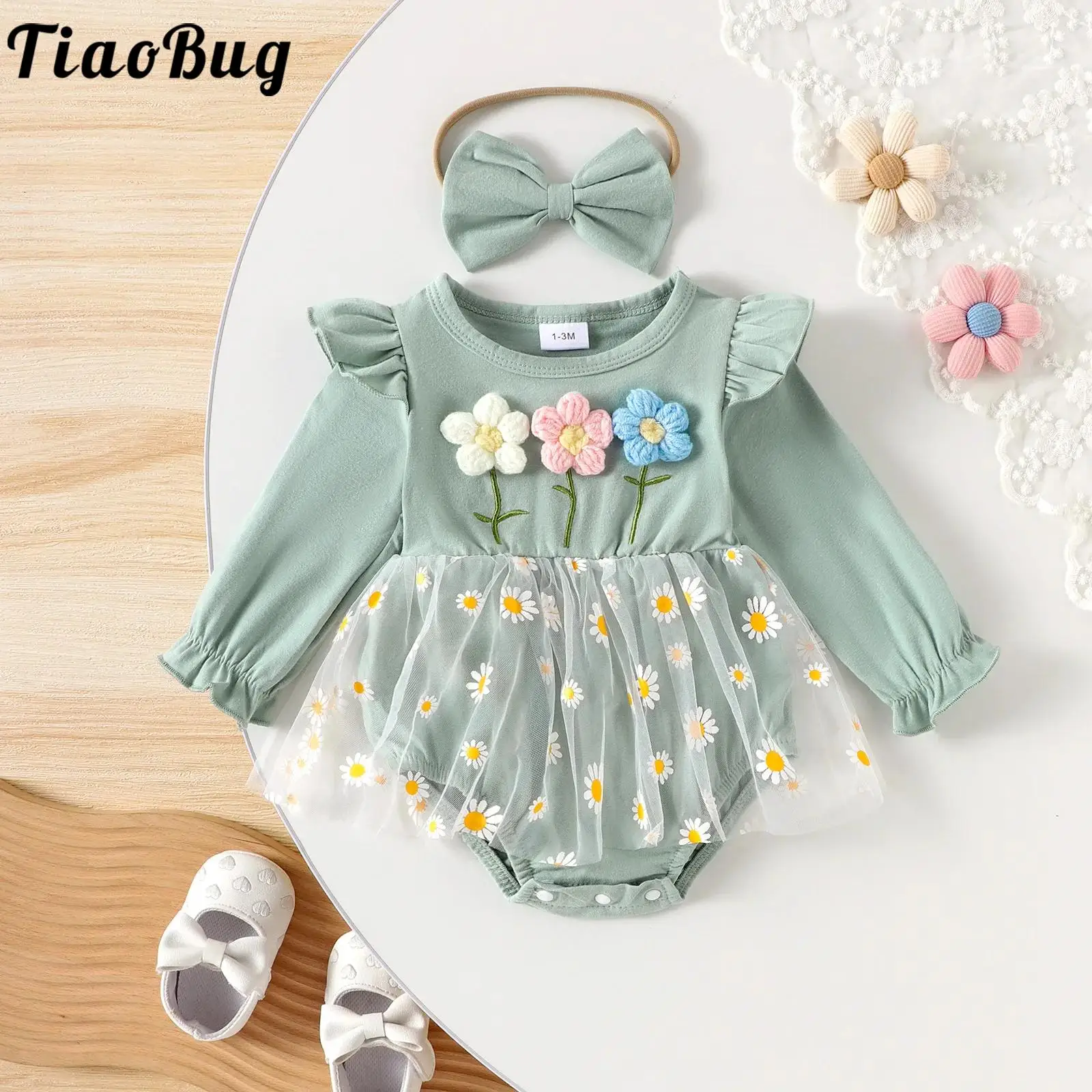 Toddler Baby Girls Sweet 3D Flowers Romper Dress Long Sleeves Tulle Jumpsuit with Headband Birthday Party Cake Smash Outfits