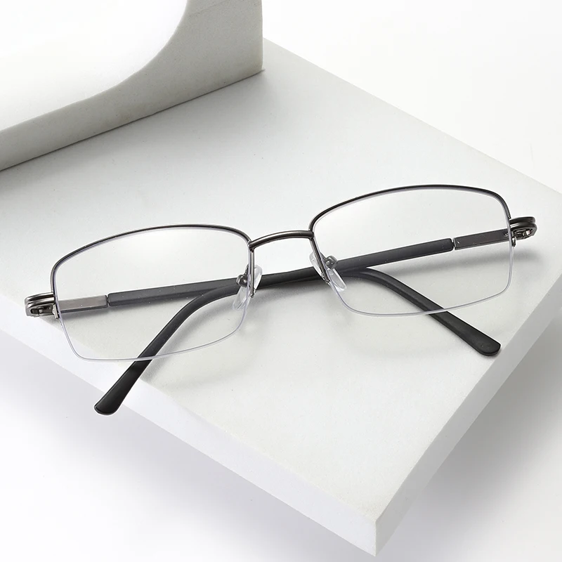 Photochrome Einfache Metall-Halbrahmen-Brille Quadratisch für Damen und Herren Modische Brillen Business Blaulichtfilter-Brille