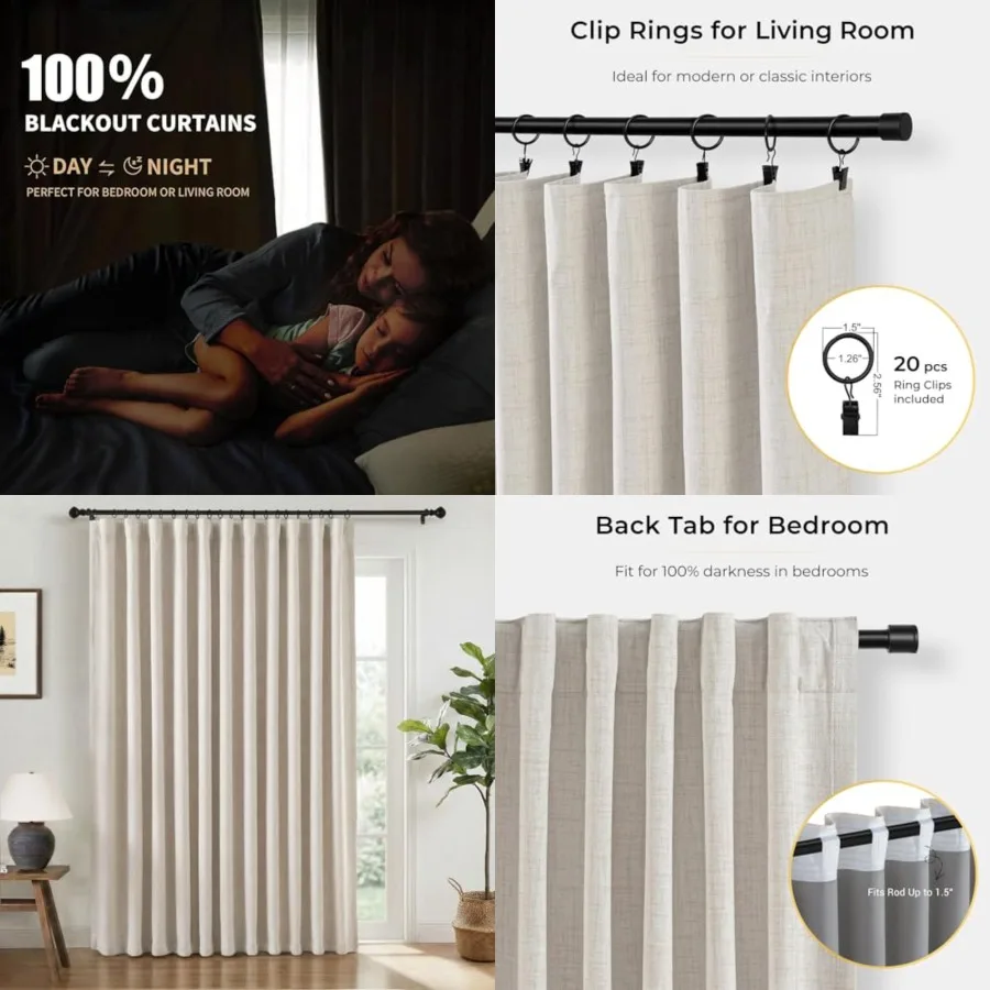 

100 out Curtains for Bedroom, Out Curtains 96 Inch Long, Clip Rings Linen out Drapes, Thermal Insulated Room Darkening for Livi