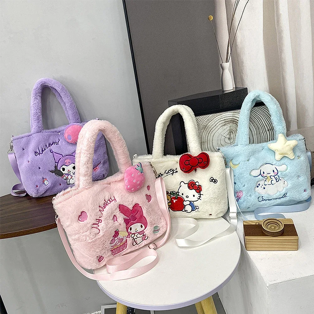 Sanrio-Bolso de felpa de Hello Kitty para mujer, bolsa Kawaii Kuromi My Melody, bolso de mano de Anime de dibujos animados, Cinnamoroll, bolsas de almacenamiento, regalos para niñas