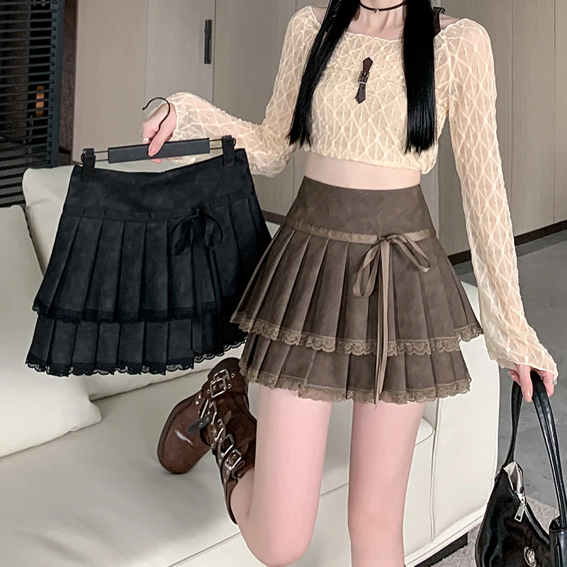 Bow Tie Pleated Tutu Skirt Women Autumn Winter High Waist A-line Ball Gown Cake Mini Skirts Imitation Leather Skirt With Shorts