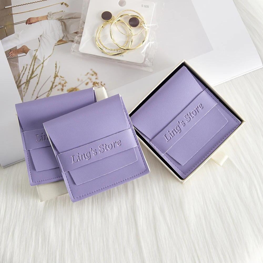 Custom Logo Violet PU Leather Jewelry Bag Ring Earring Brooch Stud Packing Protection Pouch Summer Lovely Storage Box Organizer