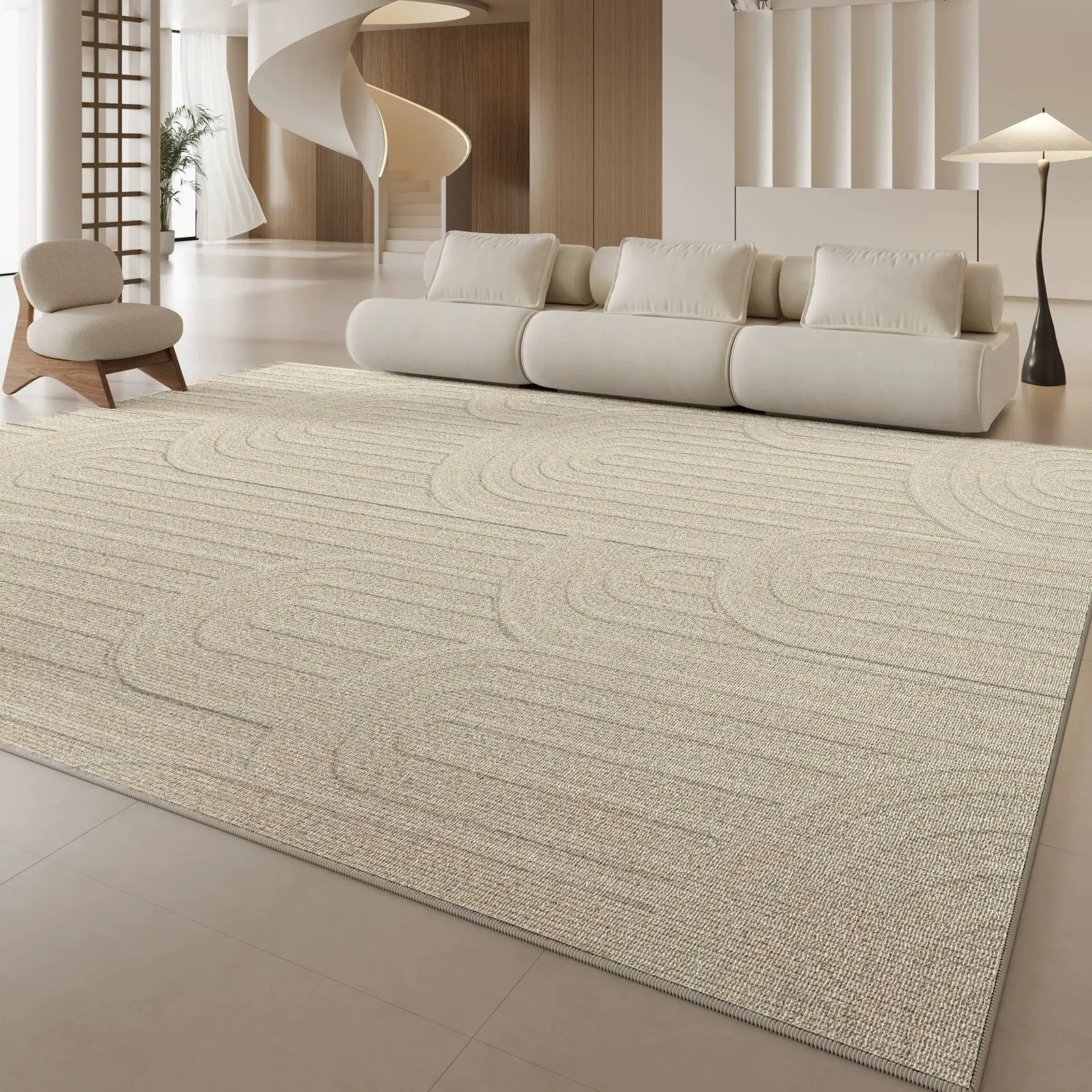 VIKAMA Embossed Curved Line Texture Area Rug Non Slip Washable Large Living Room Carpet Cream Neutral Minimalist Home Decor Rug
