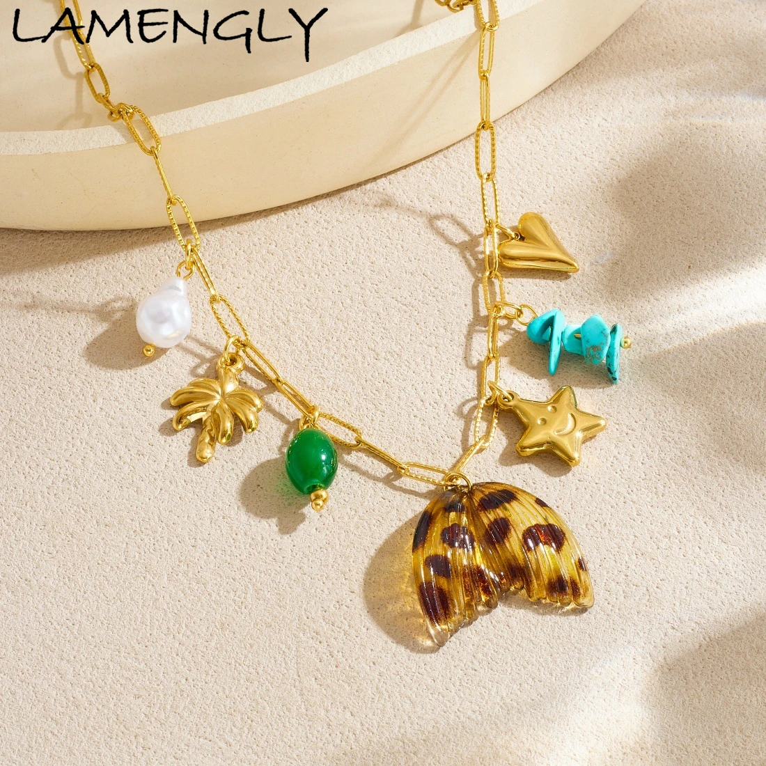 

LAMENGLY 316L Stainless Steel Coconut Tree Star Heart Amber Whale Tail Pendant Necklace Lady Leisure Trend Neck Chain Jewelry