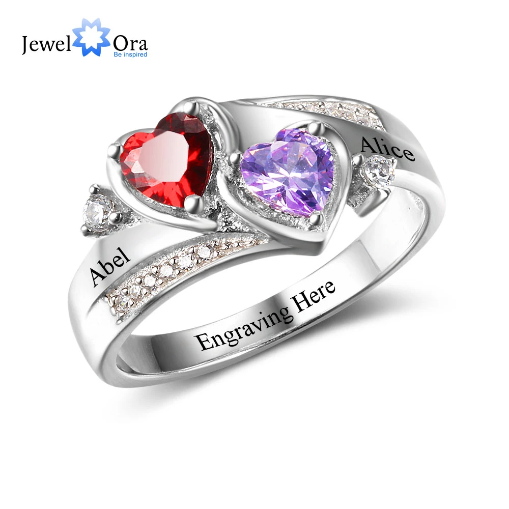 JewelOra Personalized Engrave Name Ring with 2 Heart Birthstone 925 Sterling Silver Wedding Engagement Rings Mothers Day Gift