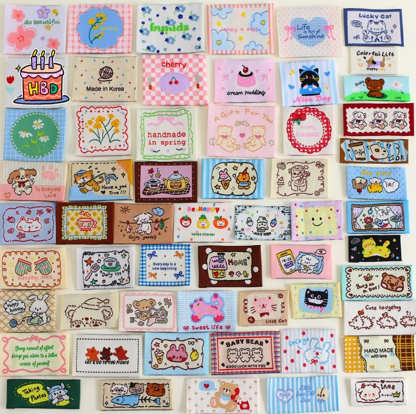 Korean-Style DIY Hand-Made Woven Label Fabric Cartoon Animal Plant Flower Embroidery Tags New Fashion Home Textile Label