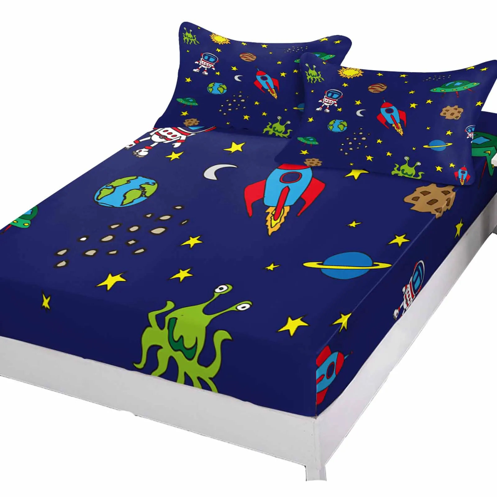 Space Astronaut Airplane Rocket Queen Size Bed Mattress Fitted sheet Elastic Rubber Band Non-slip Bed Sheet Pillowcase Set