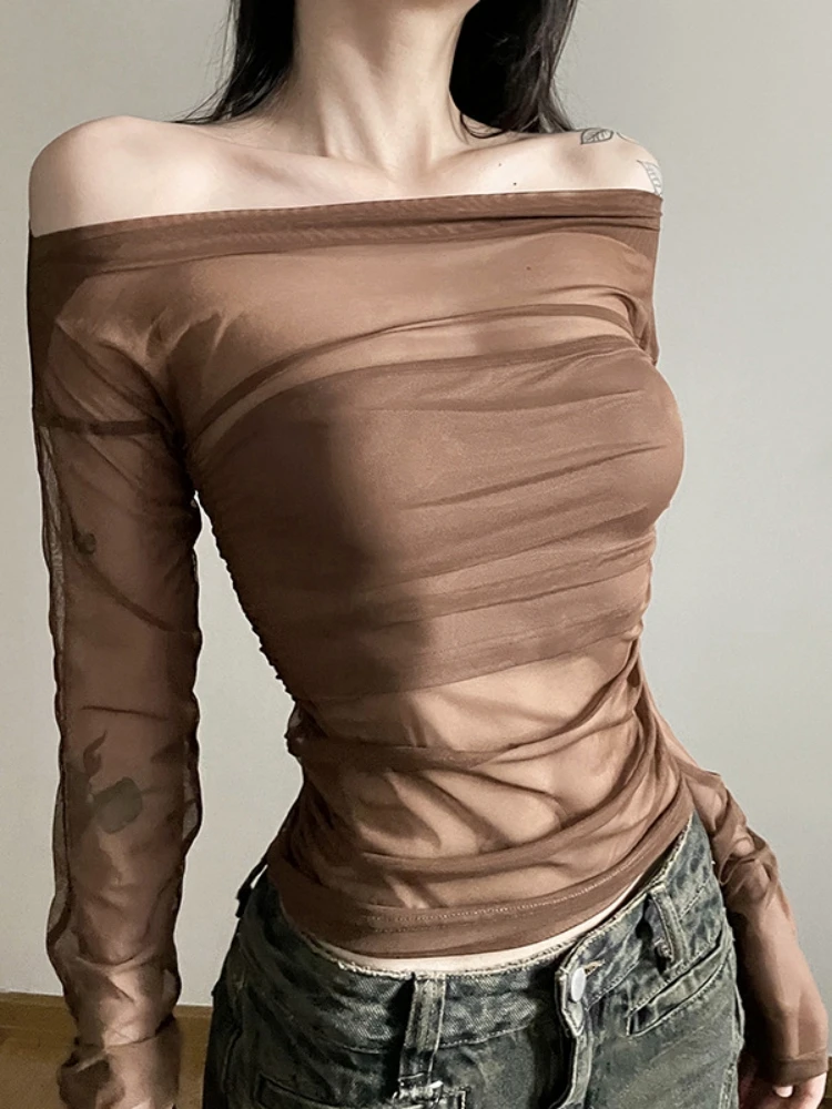 تي شيرت شبكي شفاف ملابس نسائية مكشوفة الأكتاف Y2k بلوزة قصيرة بأكمام طويلة ملابس خروج متينة Camisetas كورية Ropa De Mujer #6