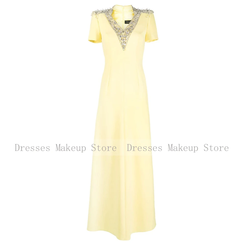 Elegant Wedding Party Dresses for Women 2024 Crystal V Neck A Line Evening Dress Long Short Sleeves Light Yellow Evening Gowns