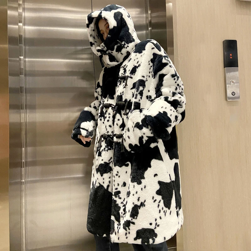 Cow Print Fur Coat Women Winter Parka Jacket Faux Rabbit Fur Hooded Long Coat Thick Warm Couple Clothes Lady Mink Coat