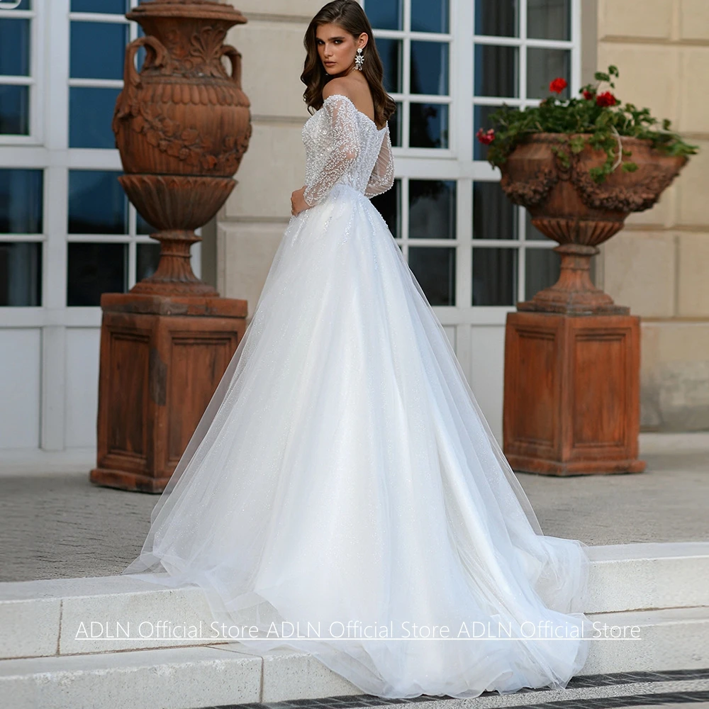 Wedding Dress for Bride Customized Sweetheart Long Sleeves Sparkling Beading Sequined A Line Tulle Bridal Gown Robe Mariage