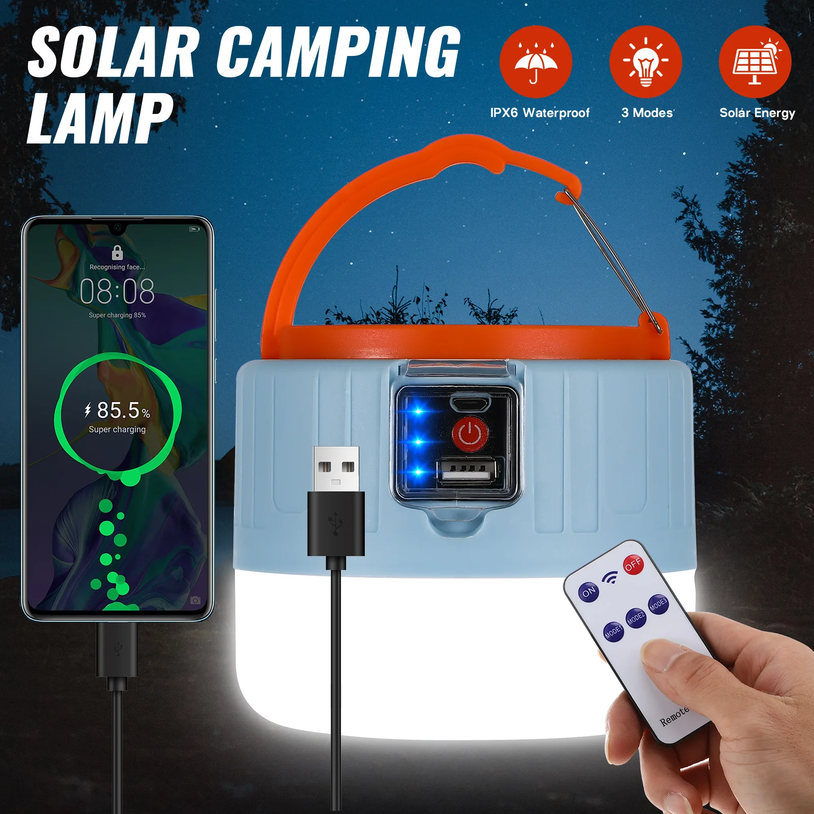 Solar Tent Light Camping Lantern Rechargeable USB Operated Emergency LED Outdoor Hook Design Three Modes Intelligent