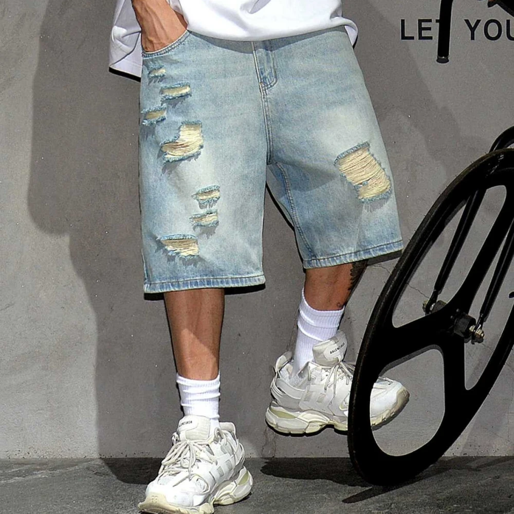 Summer High Quality Vintage Ripped Denim Shorts Men\'S Clothing Hip Hop Jorts Streetwear Blue Shorts Korean Fashion Baggy Jeans