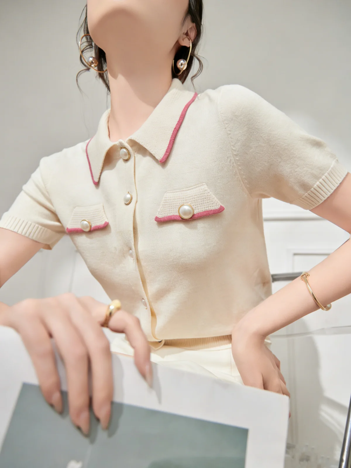 

Lulu Korean Style Versatile Knitted Top Women Summer New Color Block Splicing Shirt Young Looking Fashionable Inner Wear