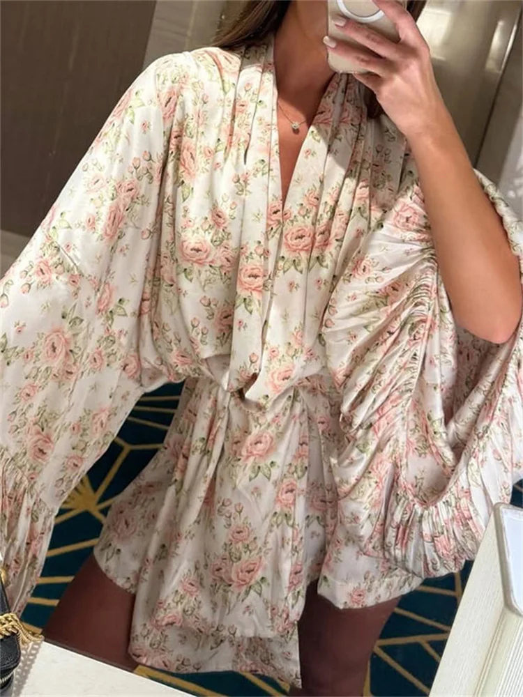 

Tossy Fashion Printed V-Neck Mini Dress Women's Lace-Up Flared Sleeve Casual Contrast Patchwork Loose Dress Female Summer Dress