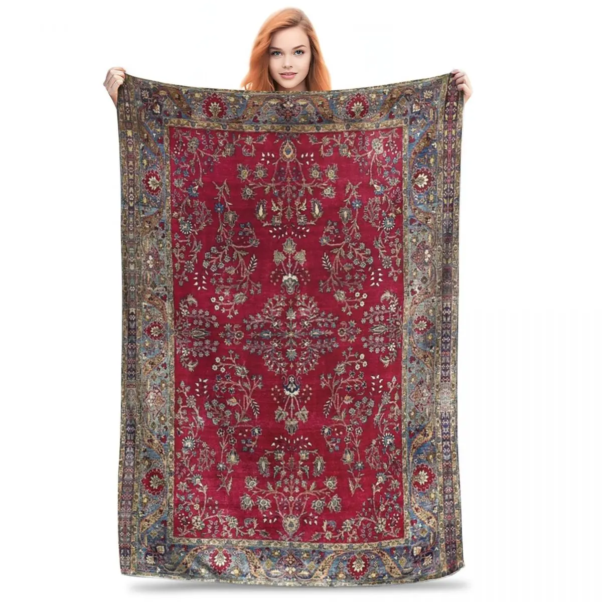 Kashan Central Persian Silk Rug Print Blanket Fleece Warm Sofa Throw Blankets For Home Bedroom Office Throws Bedspread Quilt