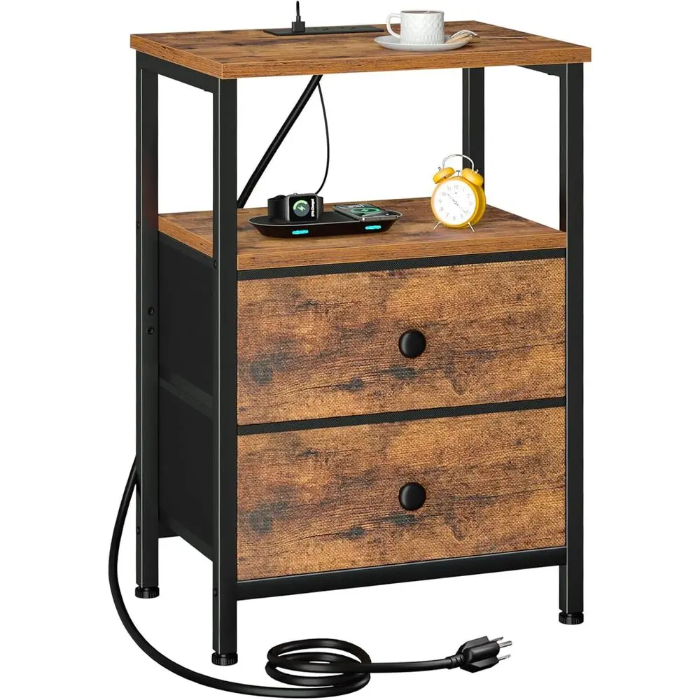 

Brown Bedroom Nightstand with USB Charging Ports and Fabric Drawers