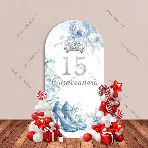 15 Quinceañera Birthday Arch Backdrop Cover Blue Princess Floral Butterfly Crown Shoes Baby Girl Cake Party Decor Background