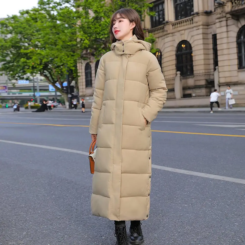 Cotton Coat with Fleece Lining Women's Hooded Cotton Coat with Side Slit Hem Long Sleeve Down Jacket Thickened for Winter