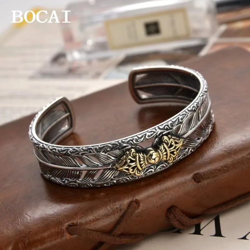 

BOCAI New S925 Sterling Silver Personalized Retro Hip Hop Style Diamond pestle Feather Bracelet Male and Female